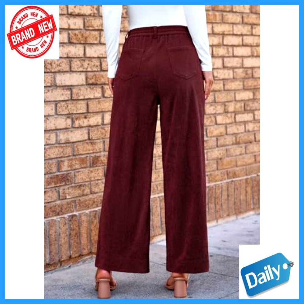Women's Corduroy Wide Leg Pants High Waisted Elastic Waist Casual Trousers - Picture 7 of 7